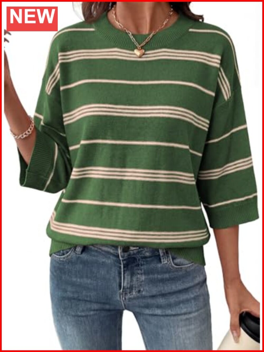 Oversized 3/4 Sleeve Striped Lightweight Knit Sweater Pullover